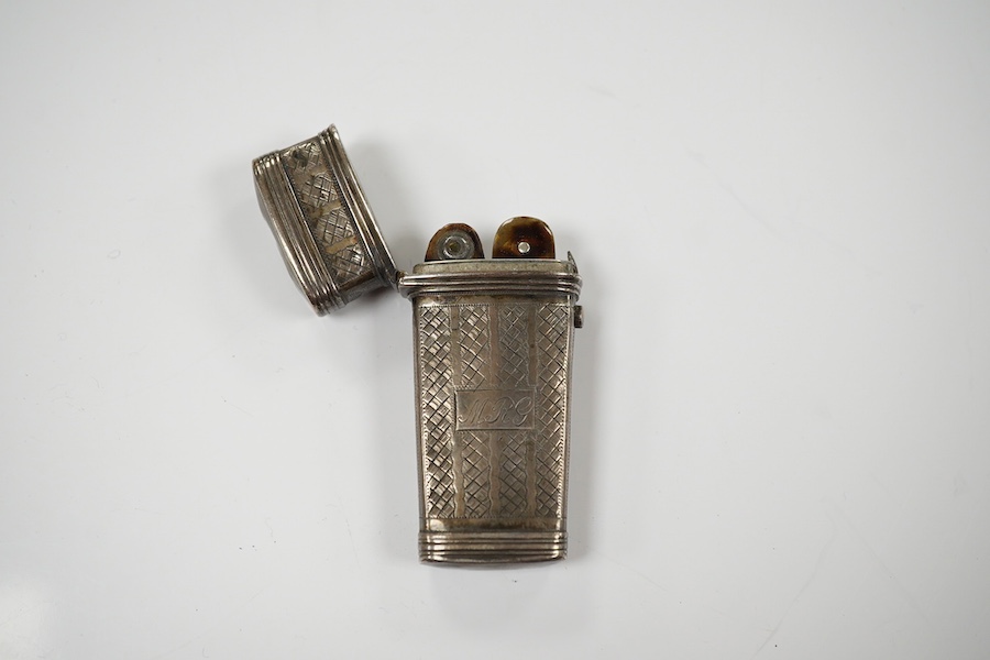 A William IV engraved silver fleam case containing three (ex 4) tortoiseshell mounted fleams, Thomas Hughes Headland, London, 1830, 61mm. Condition - poor